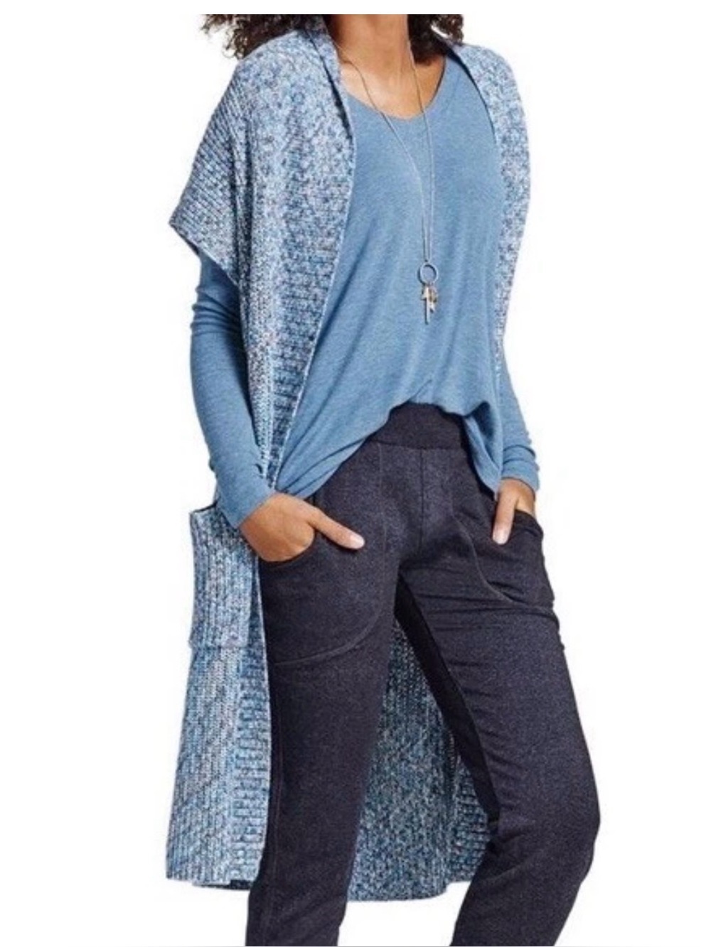 Cabi Long Open-Front Blue Knit Duster Sweater